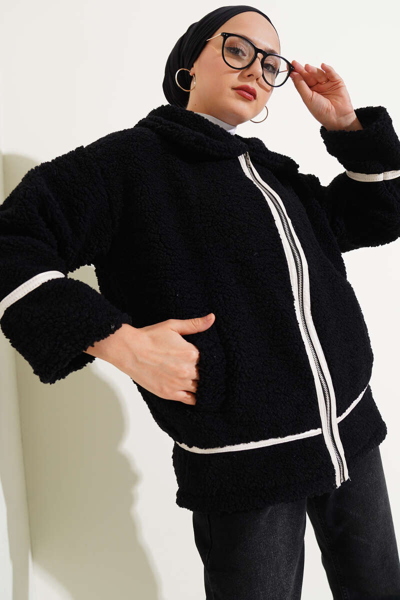 Deri Biyeli Fermuarlı Peluş Ceket