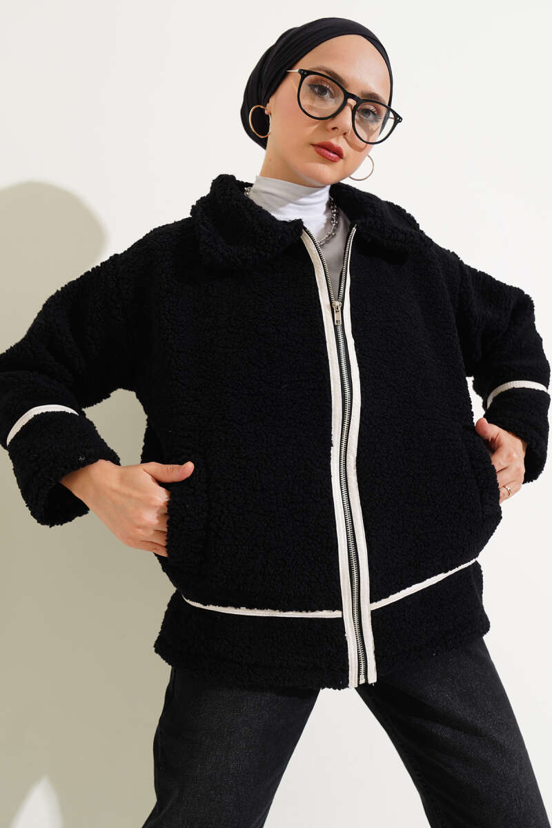 Deri Biyeli Fermuarlı Peluş Ceket