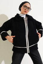 Deri Biyeli Fermuarlı Peluş Ceket