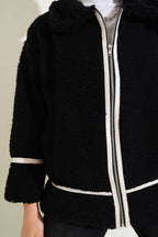 Deri Biyeli Fermuarlı Peluş Ceket