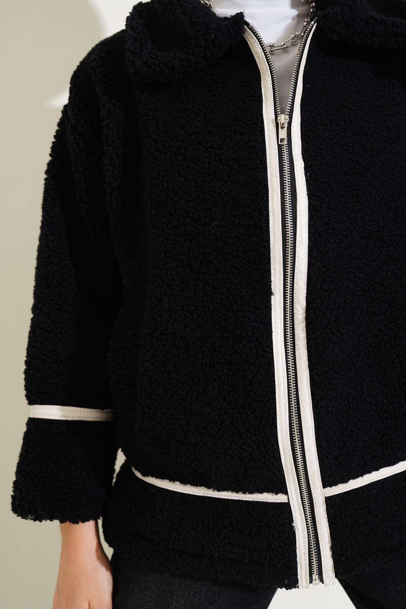 Deri Biyeli Fermuarlı Peluş Ceket
