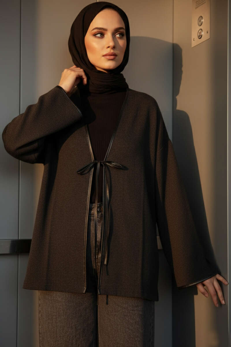 Deri Biyeli Fitilli Görünümlü Kimono