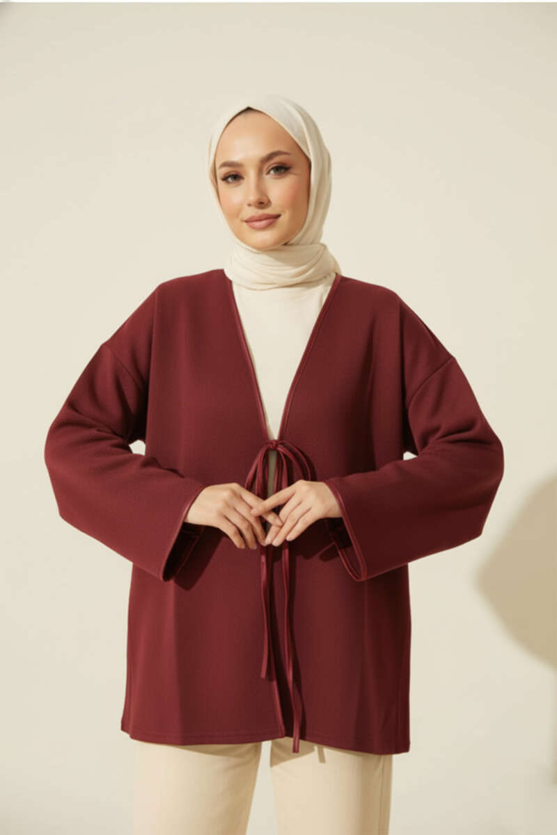 Deri Biyeli Fitilli Görünümlü Kimono