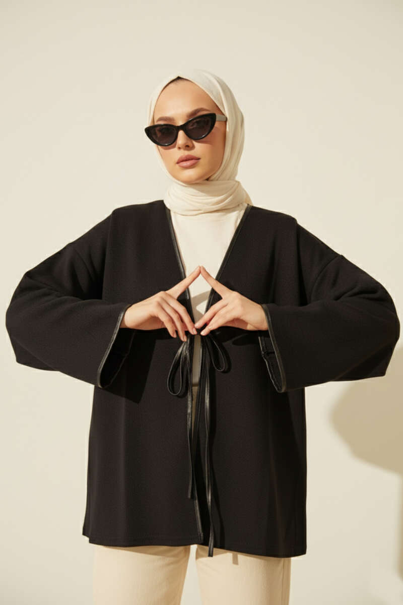 Deri Biyeli Fitilli Görünümlü Kimono