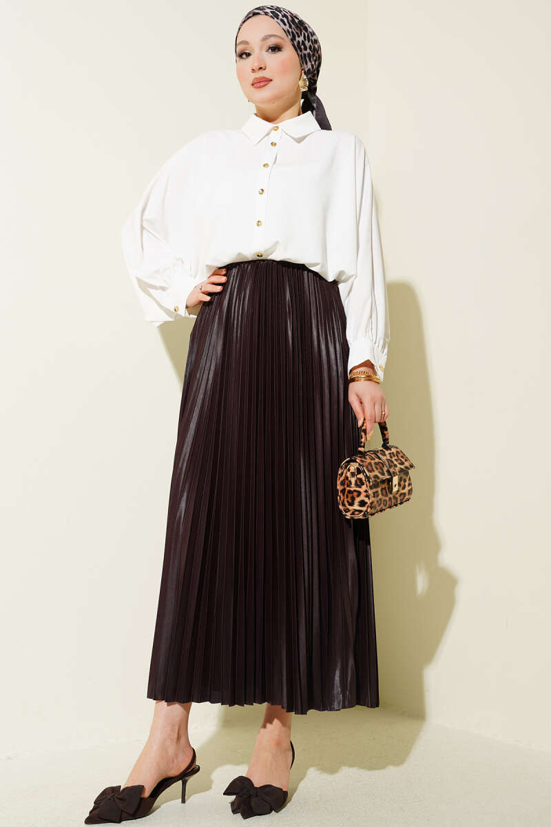 Deri Görünümlü Pileli Etek