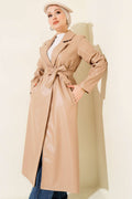 Leather Belted Double-breasted Collar Trench Coat
