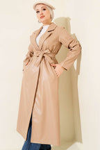 Leather Belted Double-breasted Collar Trench Coat