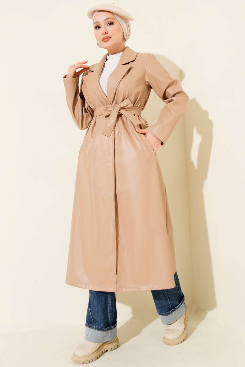 Leather Belted Double-breasted Collar Trench Coat
