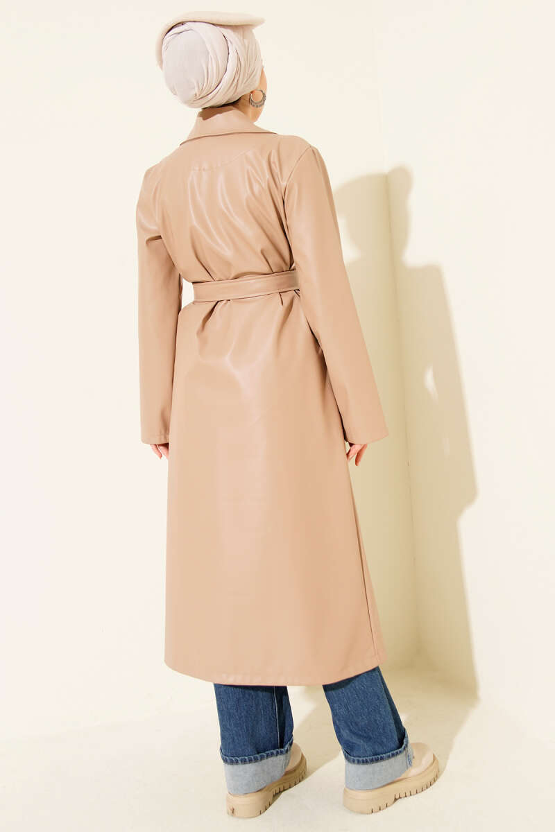 Leather Belted Double-breasted Collar Trench Coat