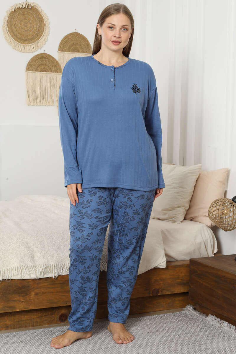 Desenli Büyük Beden Pijama Takımı İndigo