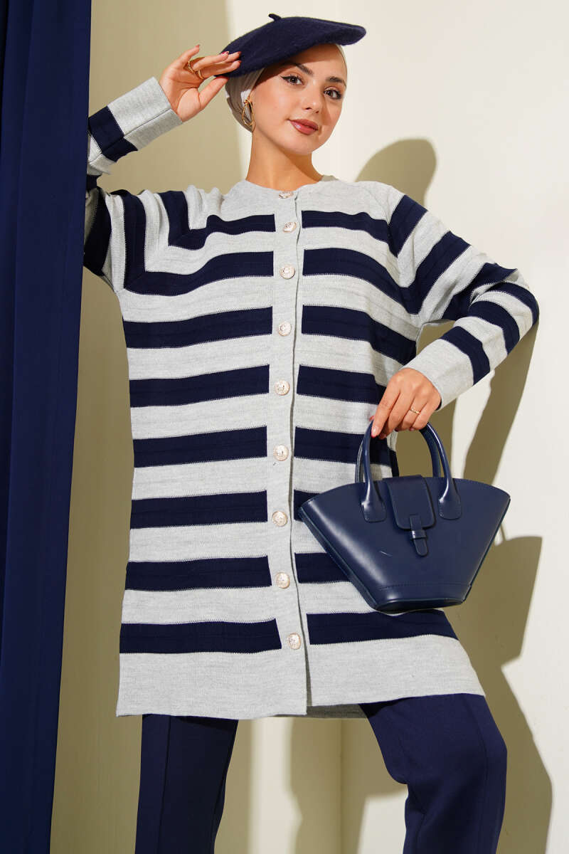 Desenli Düğme Detaylı Triko Hırka Gri