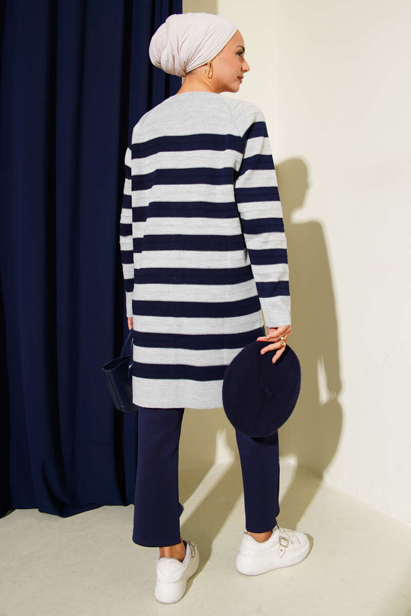 Desenli Düğme Detaylı Triko Hırka Gri