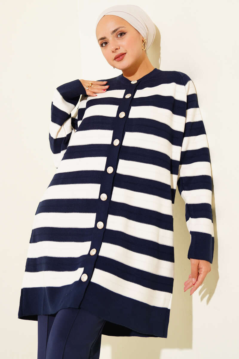 Desenli Düğme Detaylı Triko Hırka Lacivert