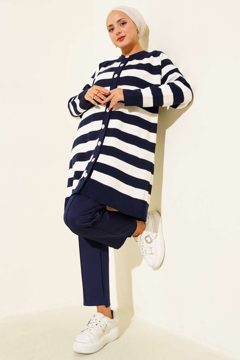 Desenli Düğme Detaylı Triko Hırka Lacivert