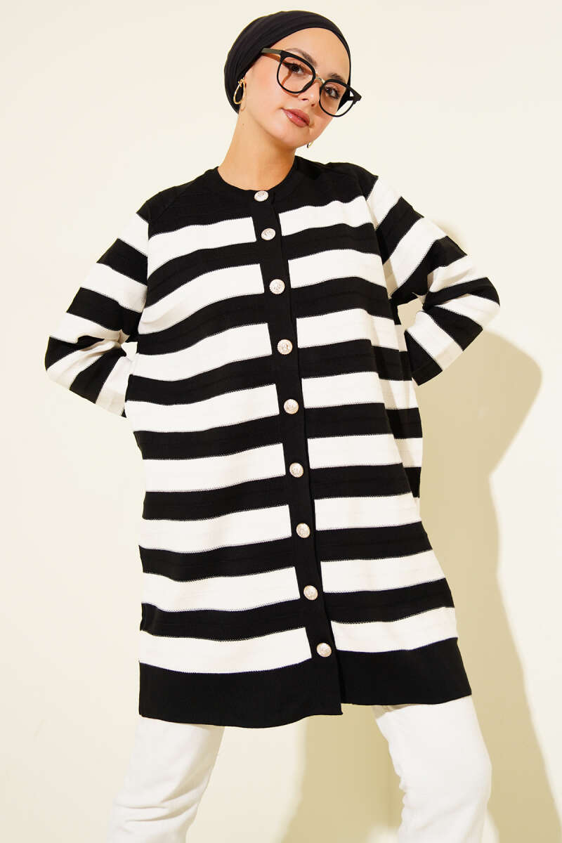 Desenli Düğme Detaylı Triko Hırka Siyah