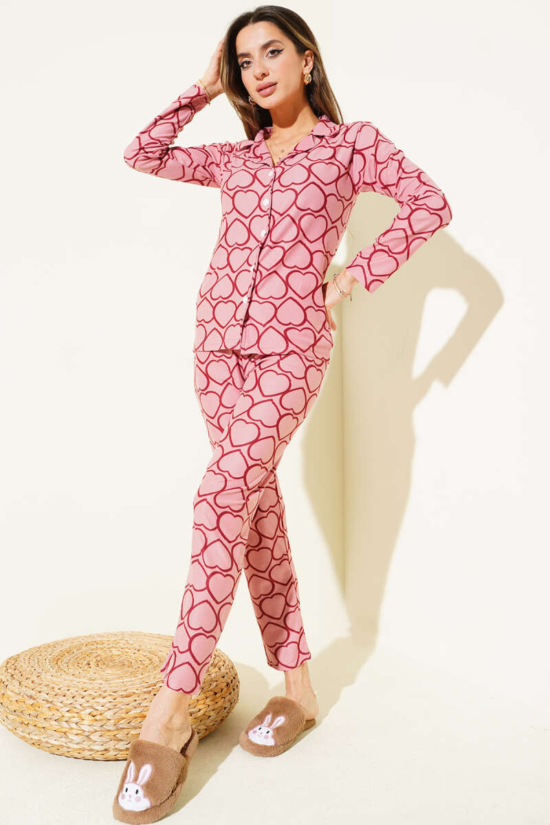 Desenli Düğmeli Süet Pijama Takımı