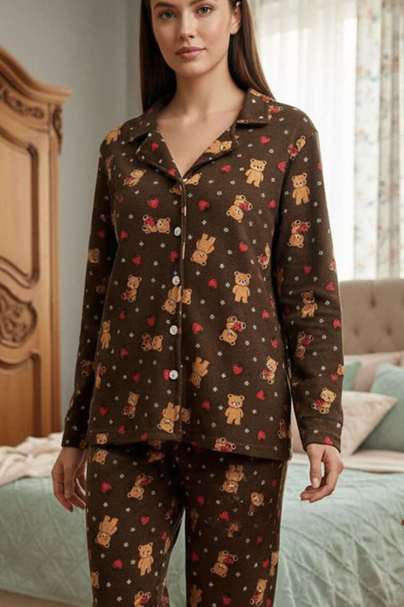 Desenli Düğmeli Süet Pijama Takımı
