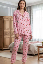Desenli Düğmeli Süet Pijama Takımı