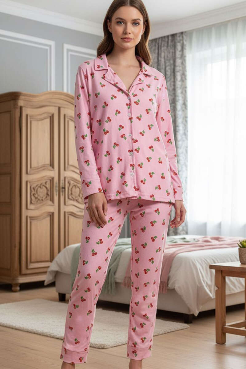 Desenli Düğmeli Süet Pijama Takımı