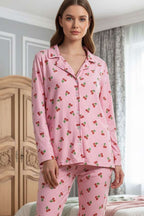 Desenli Düğmeli Süet Pijama Takımı