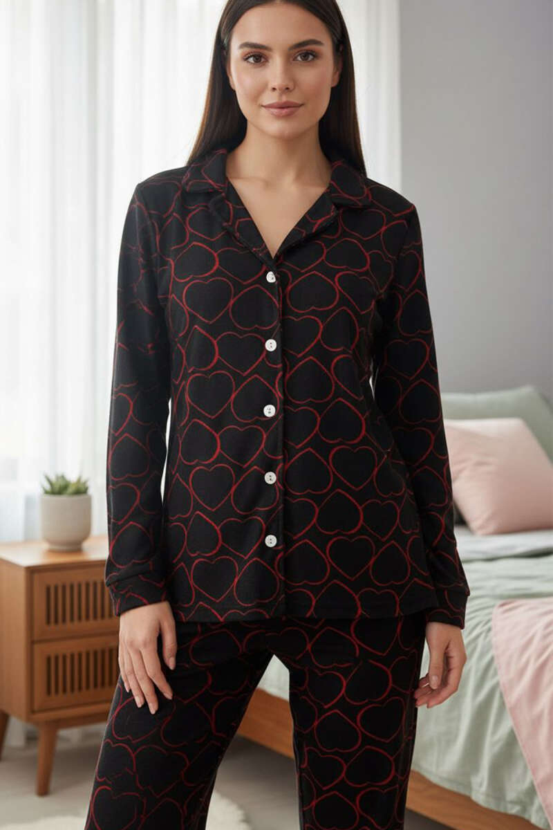 Desenli Düğmeli Süet Pijama Takımı