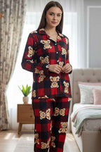 Desenli Düğmeli Süet Pijama Takımı Siyah Kırmızı