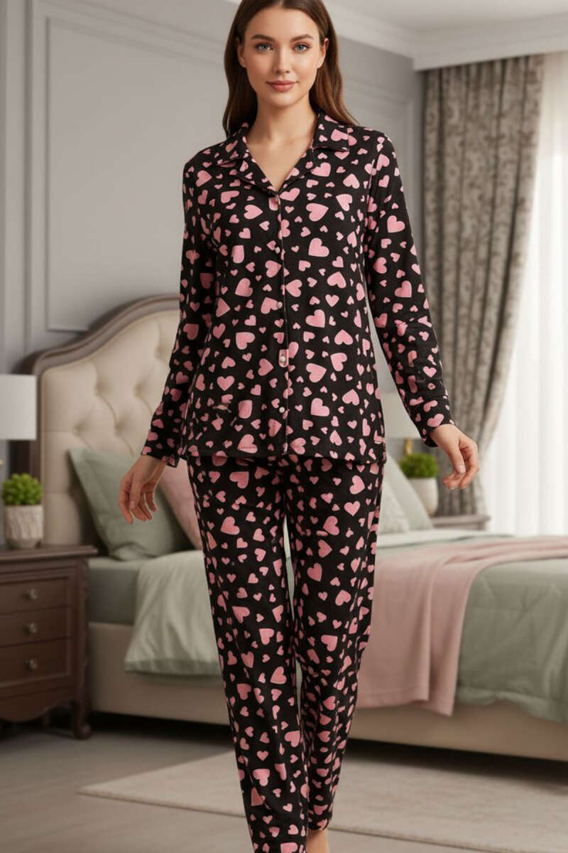 Desenli Düğmeli Süet Pijama Takımı