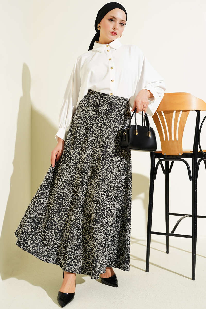 Desenli Fermuarlı Saten Etek