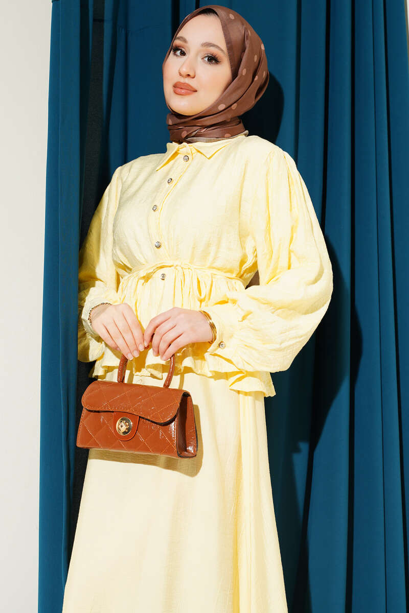 Desenli İp Kuşaklı Etekli İkili Takım Sarı