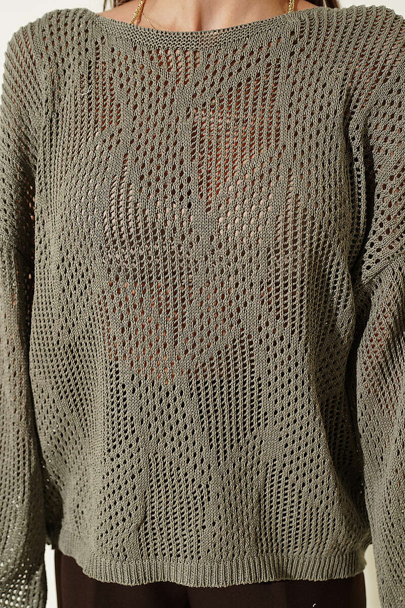 Desenli Oversize Ajur Triko Kazak Nefti
