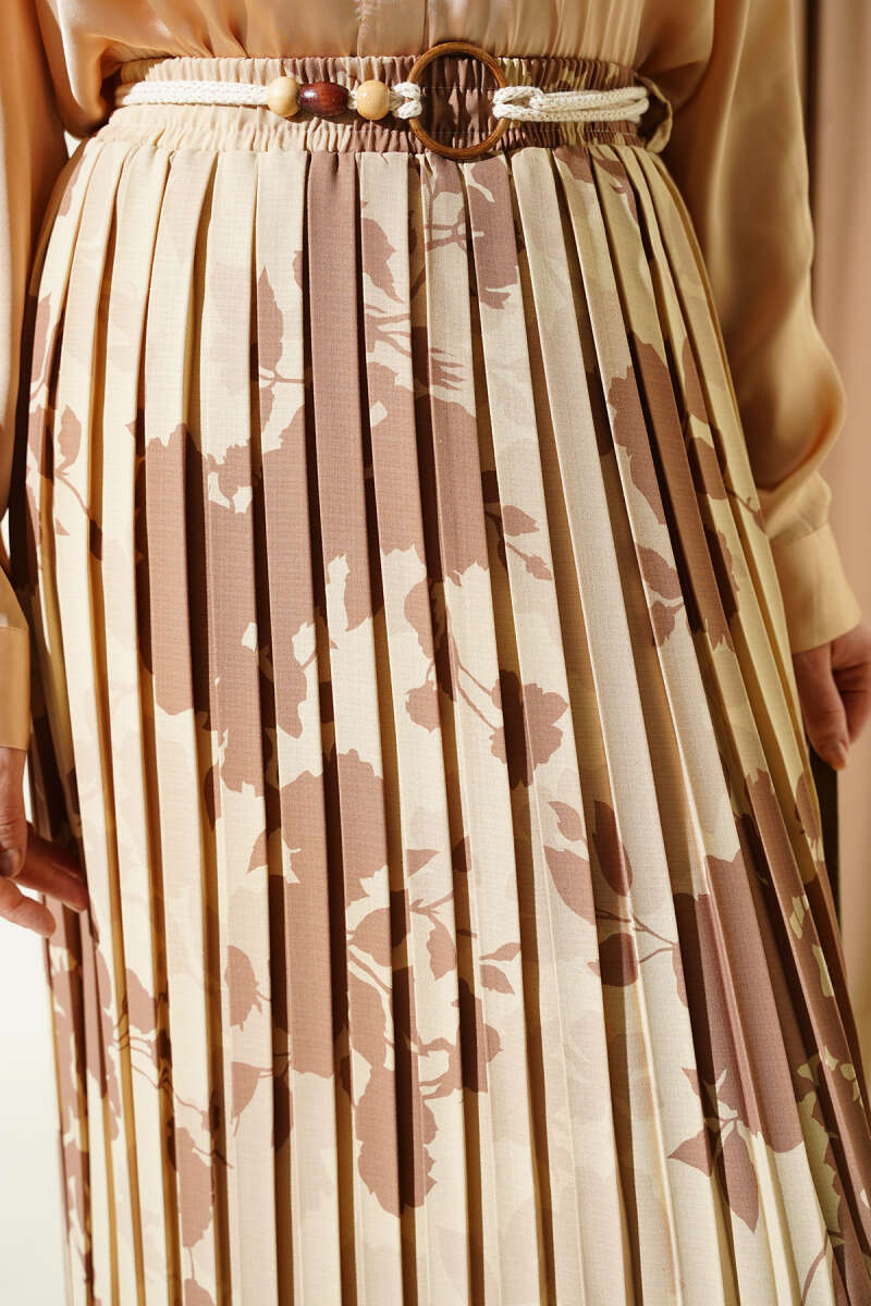 Desenli Pileli Beli Lastikli Etek