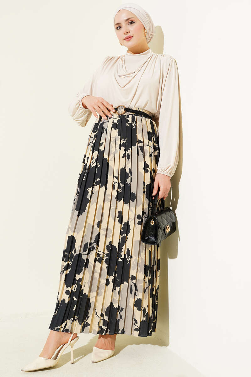 Desenli Pileli Beli Lastikli Etek