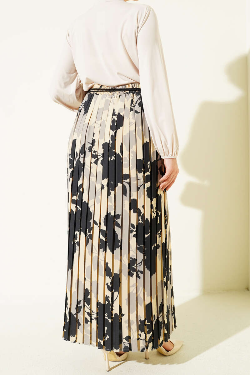 Desenli Pileli Beli Lastikli Etek