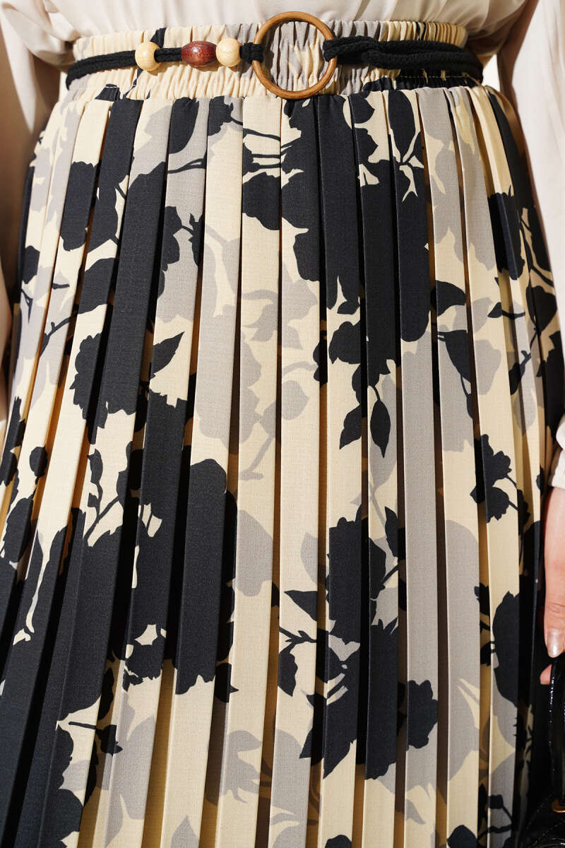 Desenli Pileli Beli Lastikli Etek