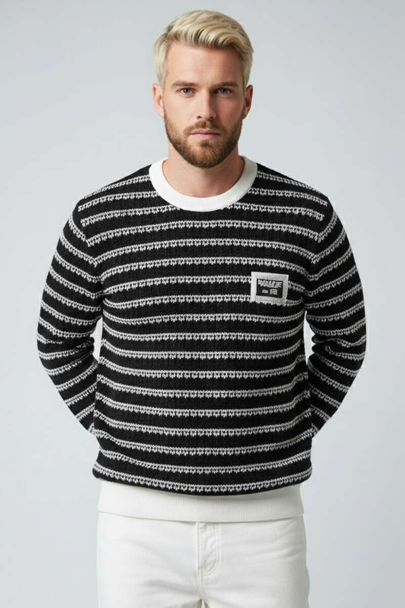 Desenli Polo Yaka Örme Erkek Sweatshirt