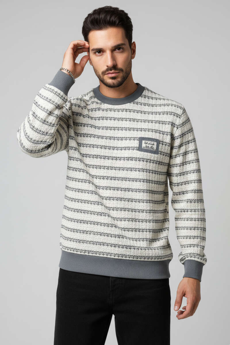 Desenli Polo Yaka Örme Erkek Sweatshirt