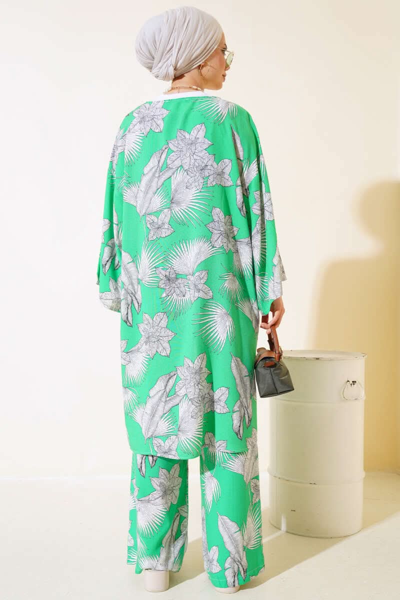 Desenli Salaş Kimono İkili Takım Yeşil