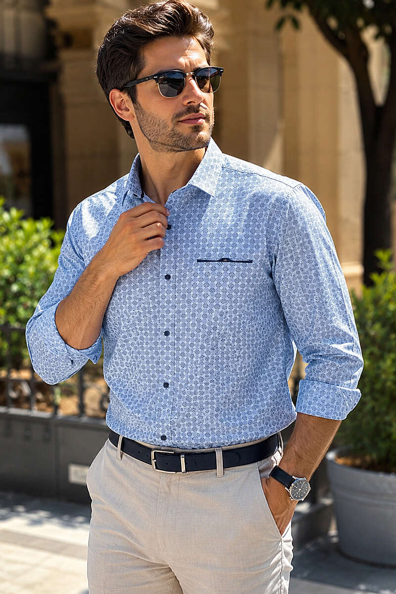 Desenli Slim Fit Uzun Kol Erkek Gömlek Bebe Mavi