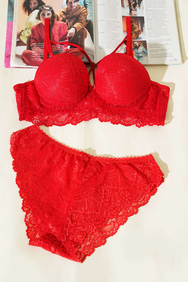 Destekli Çapraz İpli Bralet Sütyen Takım Kırmızı