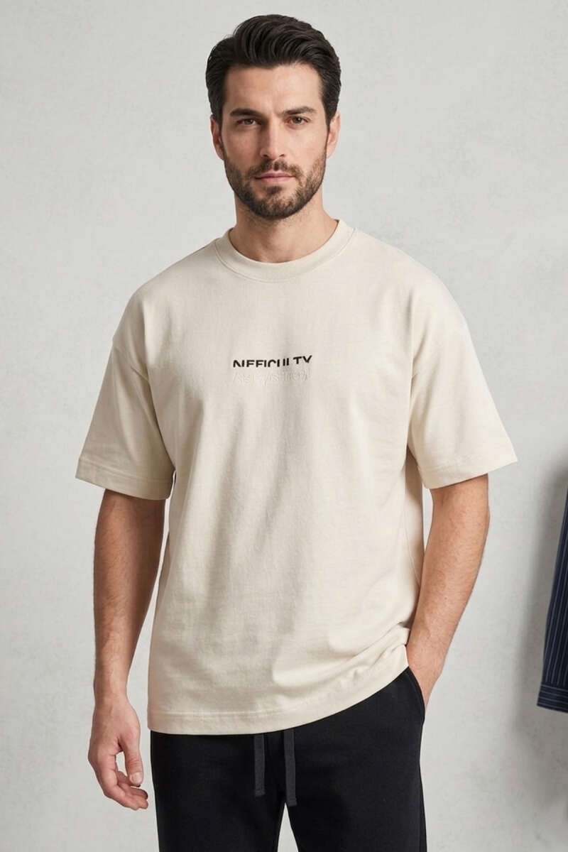 Difficulty Ön Ve Arka Baskılı Oversize Erkek T-shirt Kemik