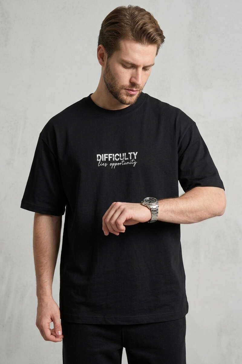 Difficulty Ön Ve Arka Baskılı Oversize Erkek T-shirt Siyah