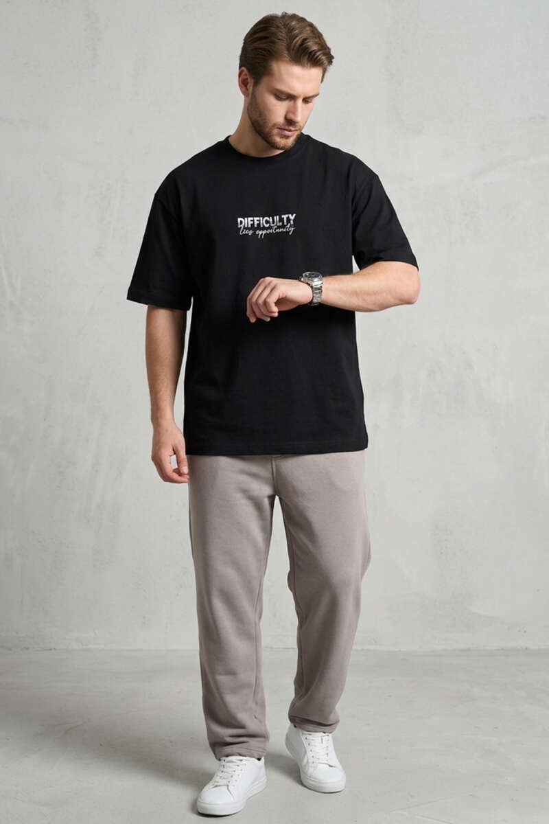 Difficulty Ön Ve Arka Baskılı Oversize Erkek T-shirt Siyah