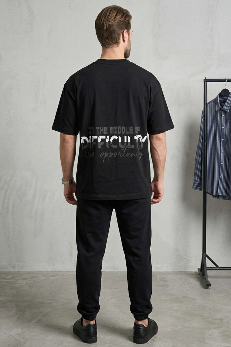 Difficulty Ön Ve Arka Baskılı Oversize Erkek T-shirt Siyah