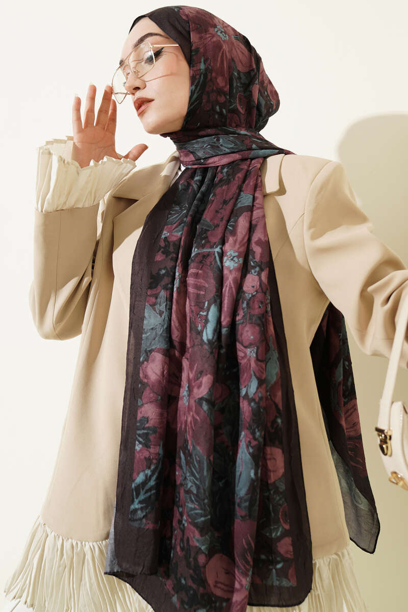 Dijital Baskılı Floral Bambu Şal Acı Kahve