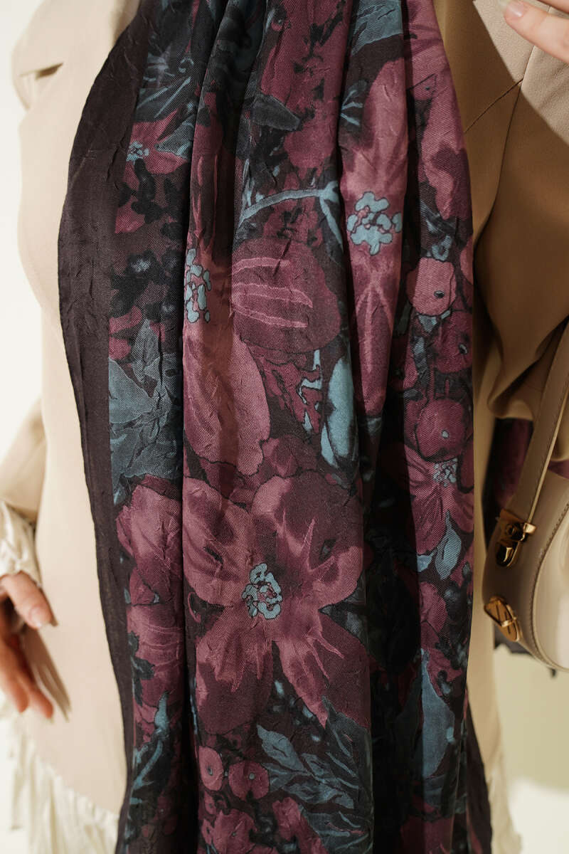 Dijital Baskılı Floral Bambu Şal Acı Kahve