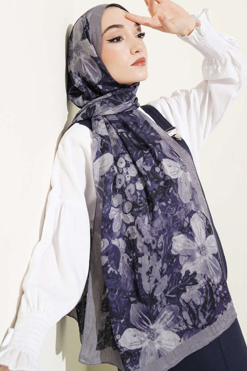 Dijital Baskılı Floral Bambu Şal Gri