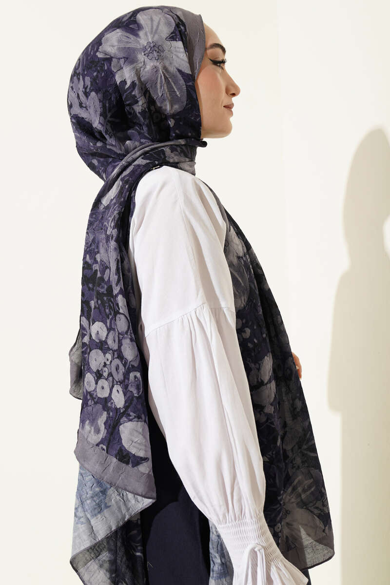 Dijital Baskılı Floral Bambu Şal Gri