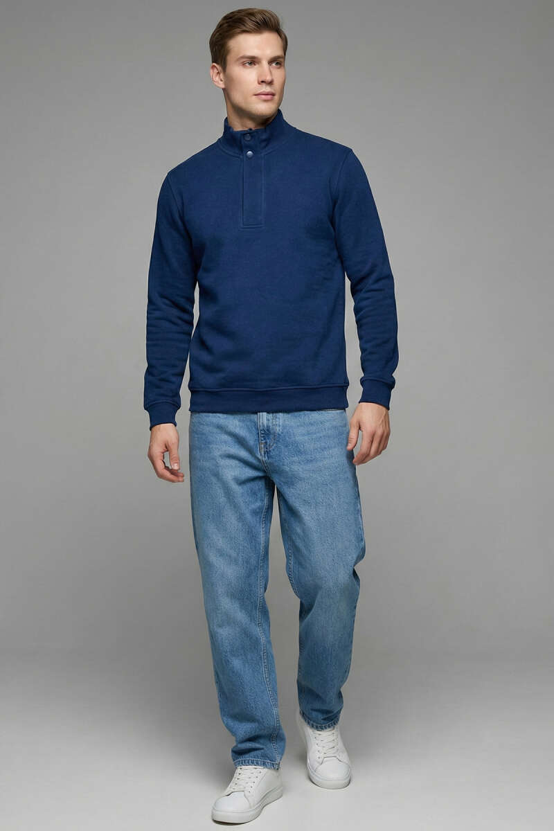Dik Yaka Çıtçıtlı Erkek Sweatshirt Lacivert