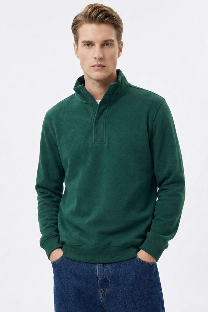 Dik Yaka Çıtçıtlı Erkek Sweatshirt Nefti