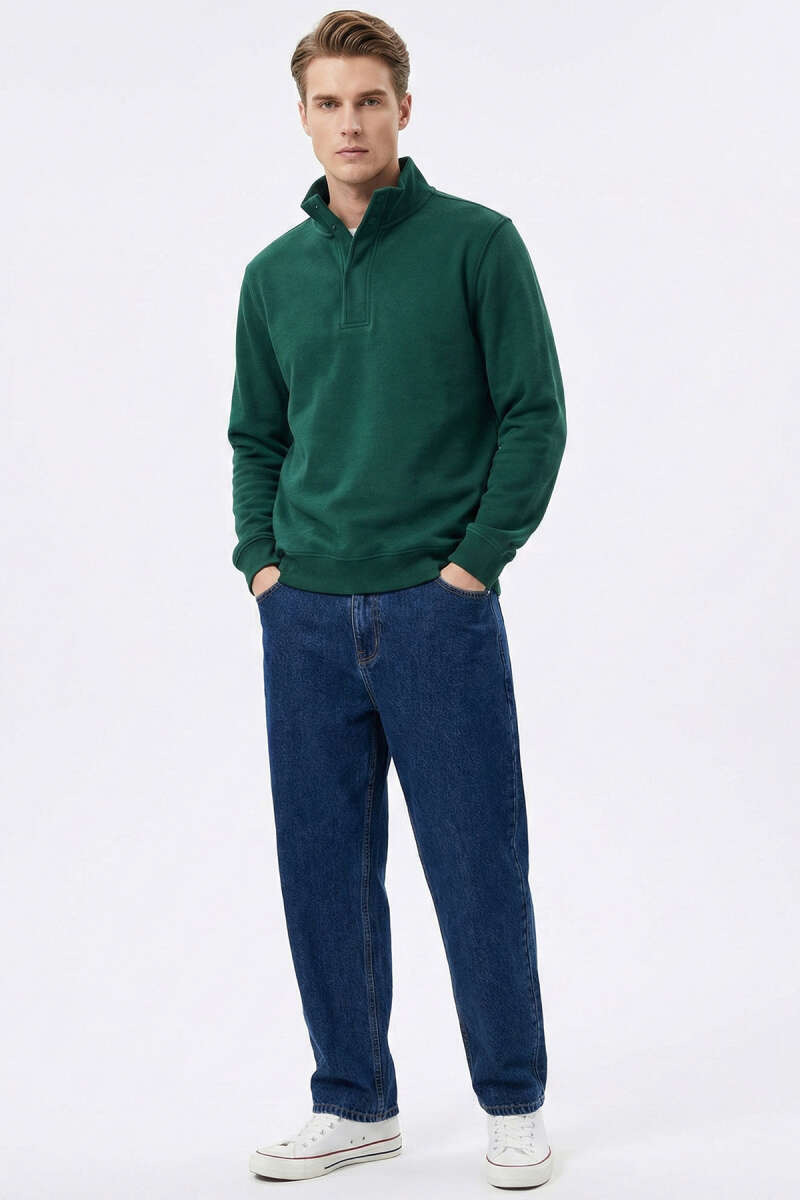 Dik Yaka Çıtçıtlı Erkek Sweatshirt Nefti